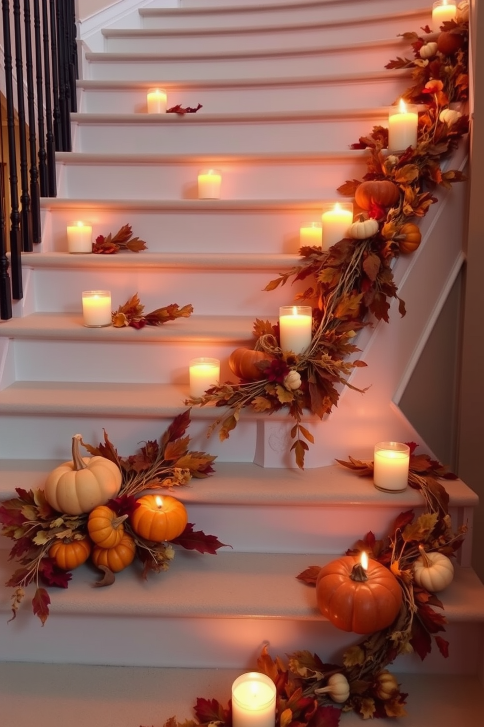 A beautifully decorated staircase for Thanksgiving featuring golden acorns and pinecones as accents. The staircase railing is adorned with garlands of autumn leaves intertwined with twinkling fairy lights for a warm glow.