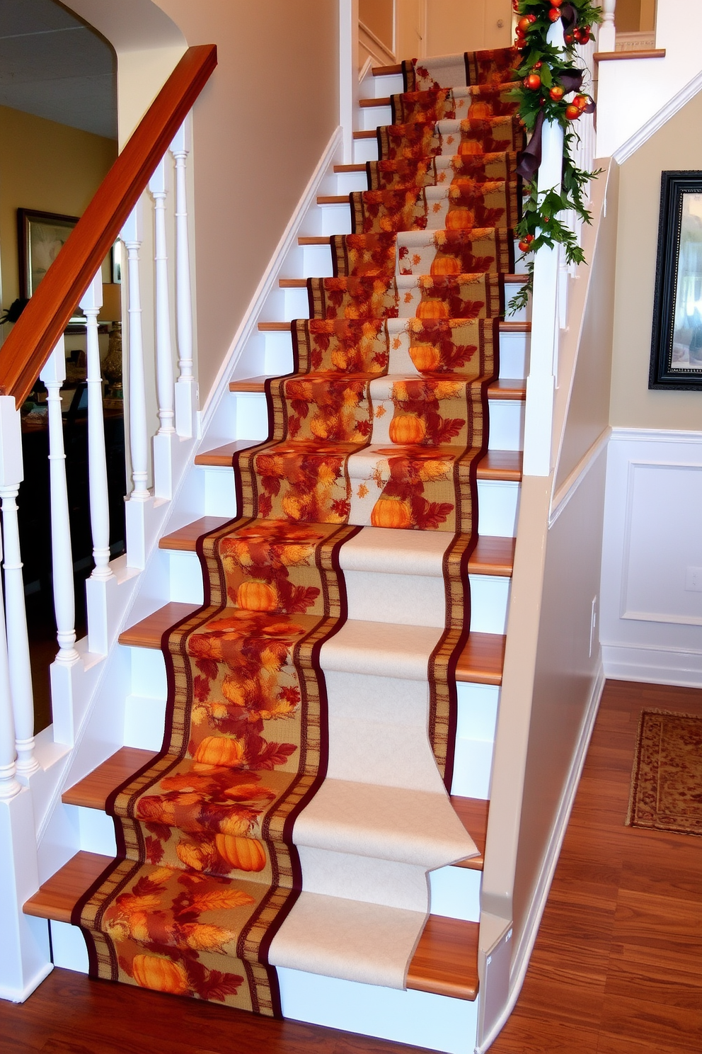 A beautiful staircase adorned with Thanksgiving themed fabric runners cascading elegantly down each step. The runners feature rich autumn colors and patterns of leaves, pumpkins, and acorns, creating a warm and inviting atmosphere.