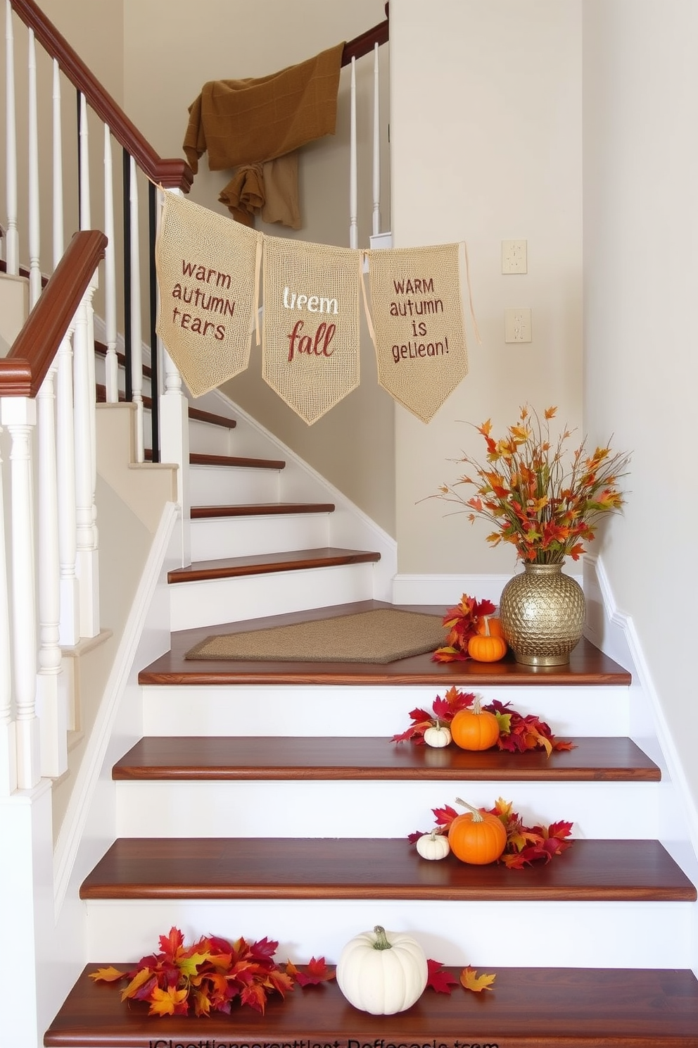 Layered rugs at the foot of a staircase create a warm and inviting atmosphere. The combination of textures and colors adds depth and interest to the space, enhancing the overall aesthetic. For a Thanksgiving-themed staircase, incorporate autumnal colors and natural elements. Rich oranges, deep reds, and golden yellows can be used in the decor to celebrate the season.