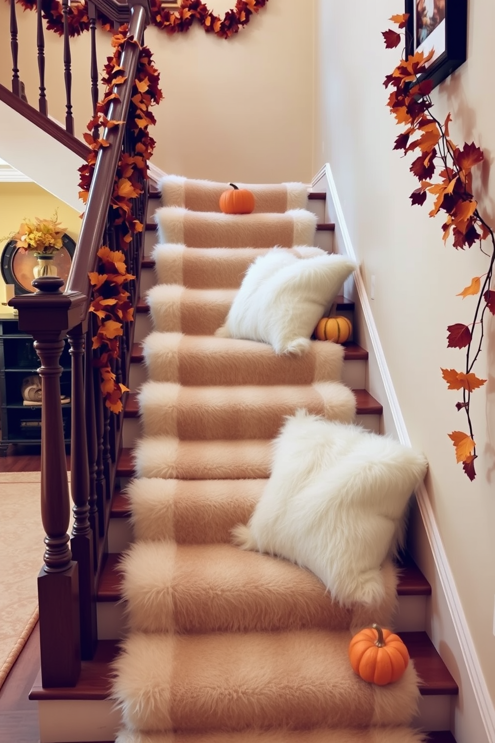 A warm and inviting staircase adorned with faux fur accents creates a cozy atmosphere for Thanksgiving. Soft white faux fur runners line the steps, while plush faux fur pillows are placed on the staircase landing for added comfort. Autumn-themed decorations complement the faux fur with rich hues of orange and gold. Pumpkins and gourds are artfully arranged on the steps, and garlands of leaves drape elegantly along the banister.