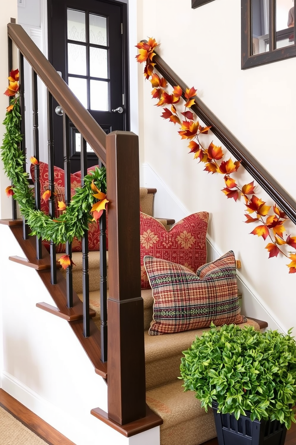 A warm and inviting staircase adorned for Thanksgiving. String lights are delicately woven through autumn decorations, including garlands of leaves and small pumpkins, creating a cozy atmosphere.