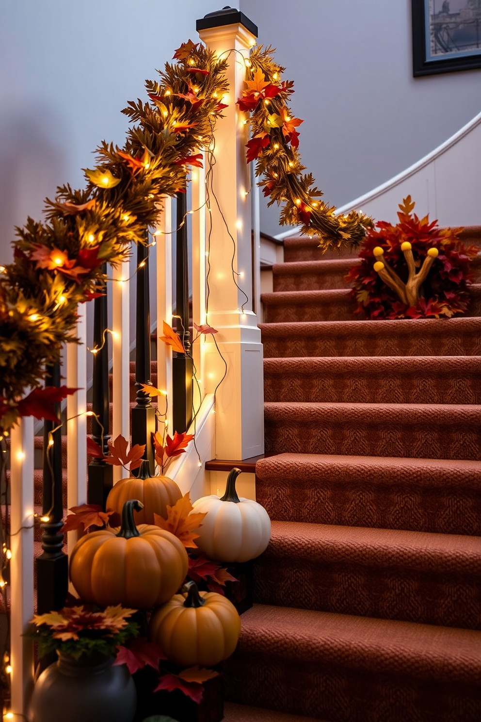 A cozy staircase adorned for Thanksgiving with string lights elegantly wrapped around the railing. The warm glow of the lights enhances the autumn decorations, featuring pumpkins and fall leaves artfully arranged along the steps.