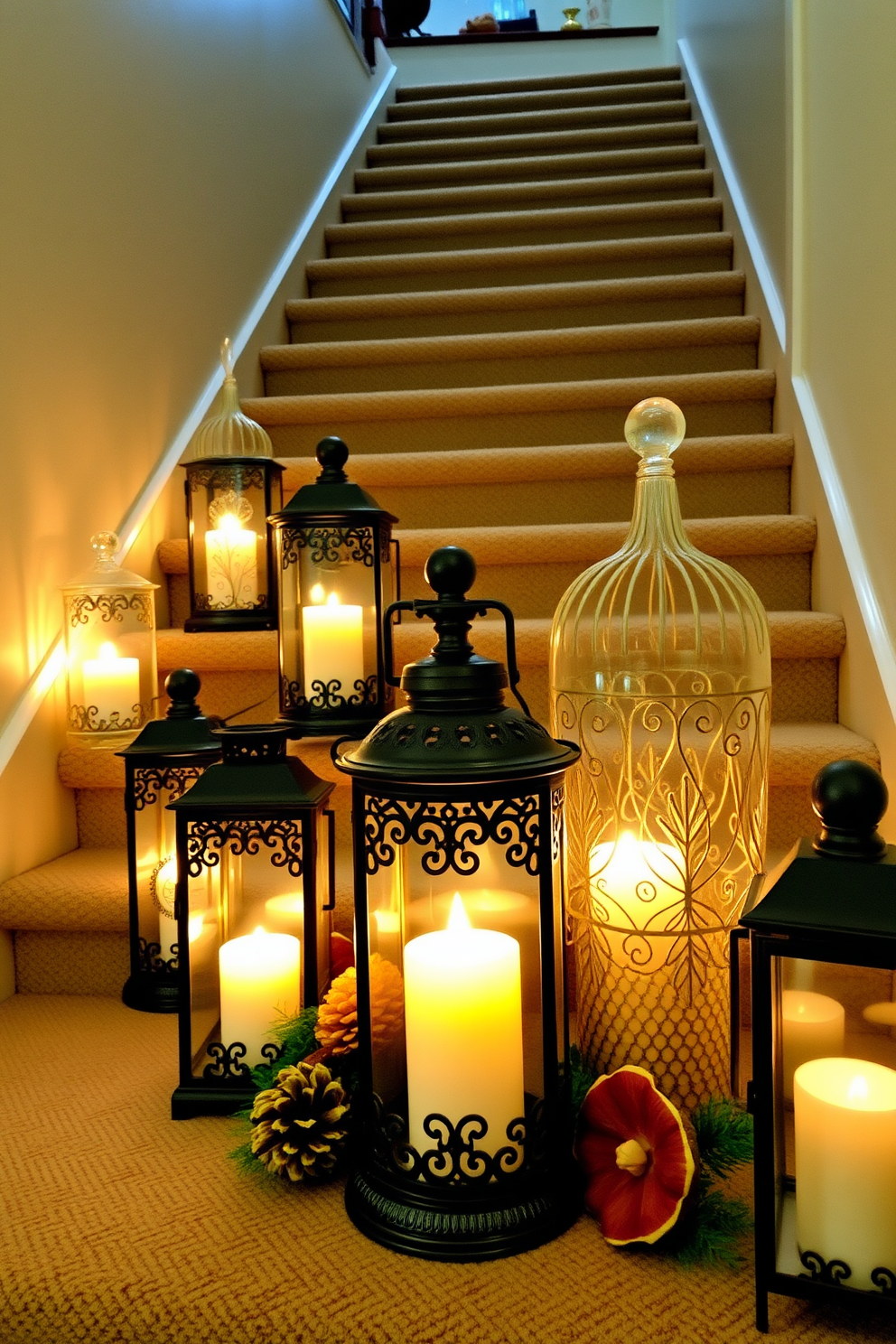 Decorative lanterns are elegantly arranged along the staircase, casting a warm and inviting glow. Each lantern features intricate designs and is filled with soft flickering candles, enhancing the festive atmosphere of the Thanksgiving season.