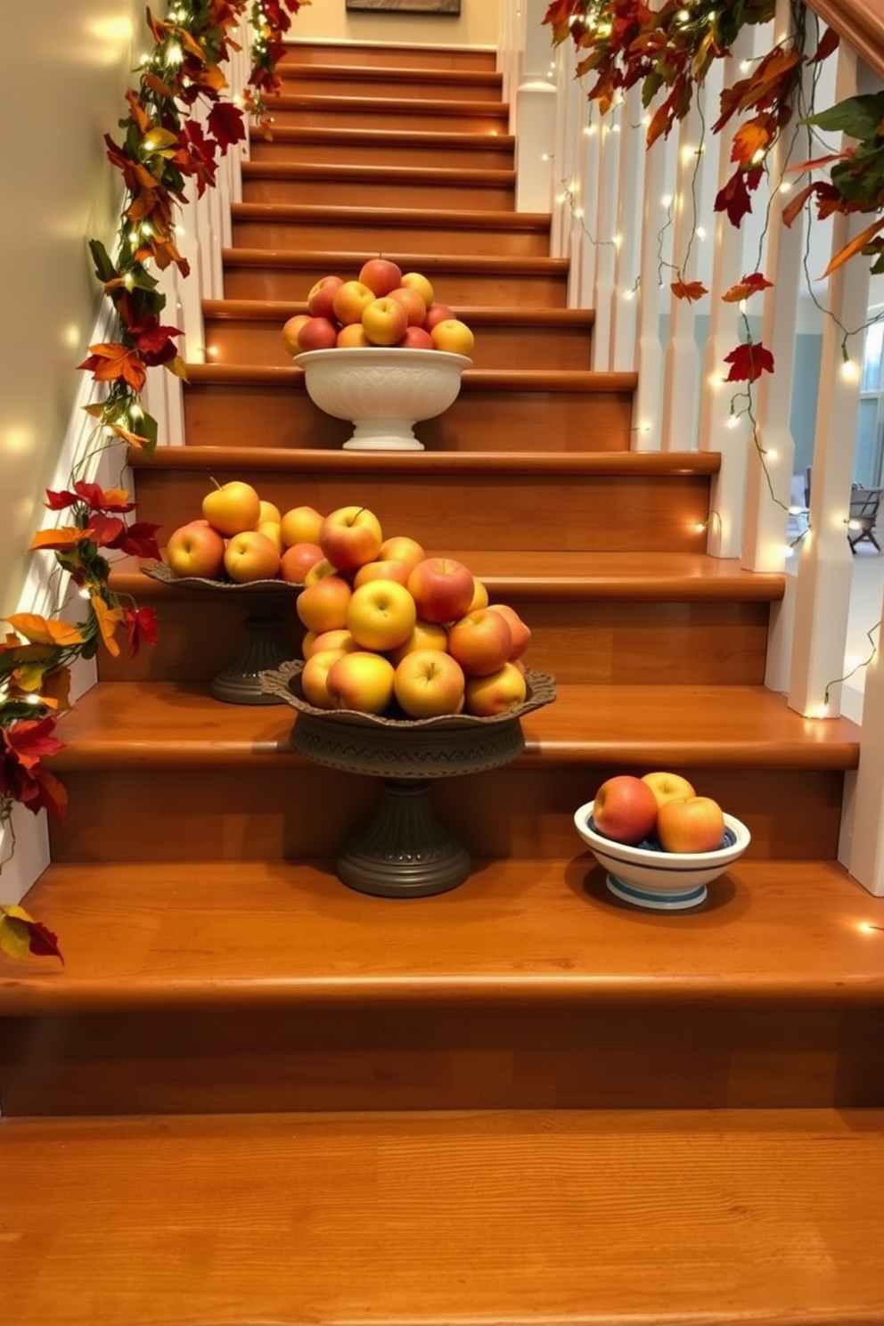 Chalkboard signs with Thanksgiving quotes are elegantly displayed on a rustic wooden table. The signs feature handwritten messages surrounded by autumn leaves and small pumpkins for a warm, festive touch. Thanksgiving staircase decorating ideas include draping garlands of fall foliage along the banister. Soft white lights are intertwined with the garlands, creating a cozy and inviting atmosphere for holiday gatherings.