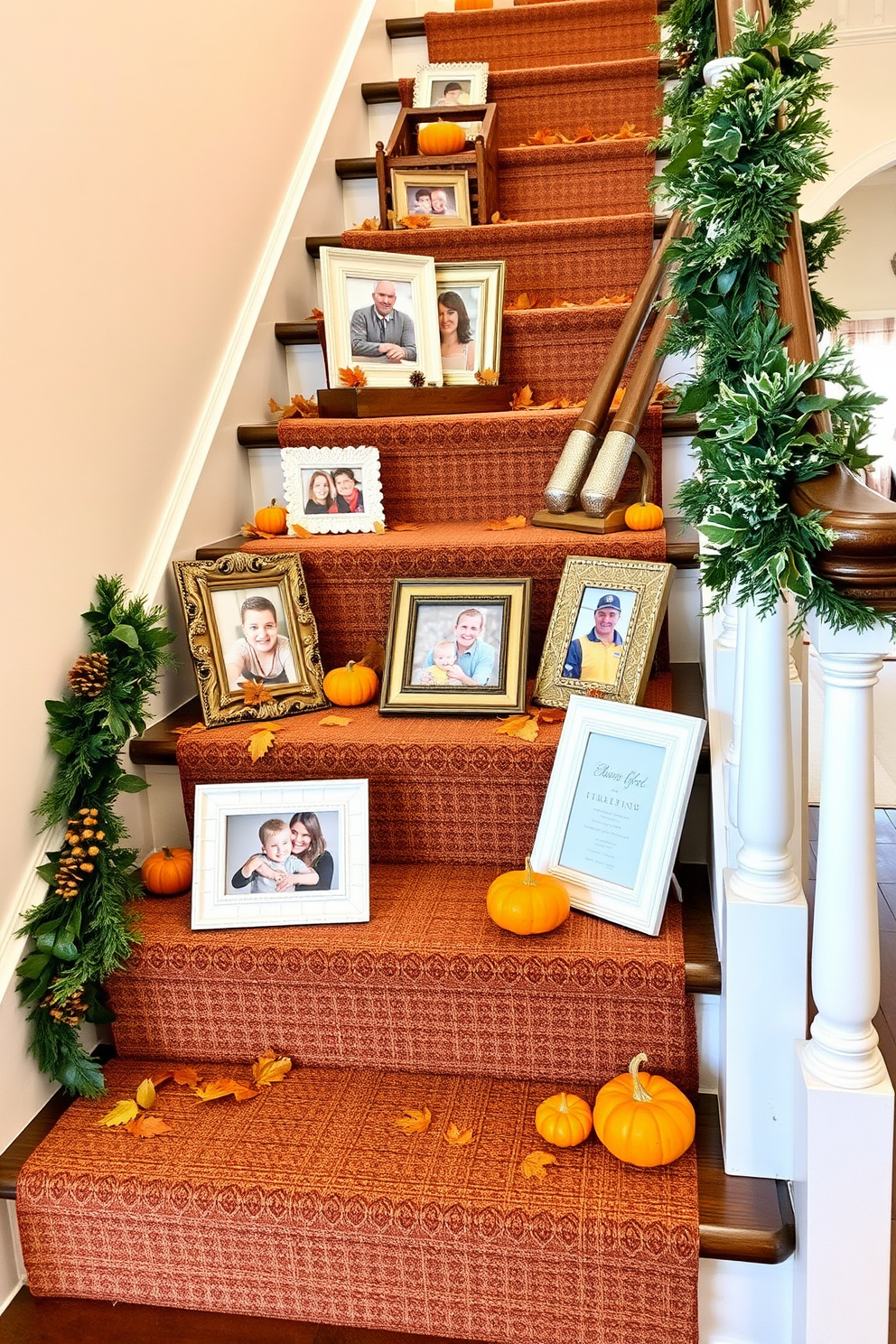 Thanksgiving themed photo frames are artfully arranged on the steps of a beautifully decorated staircase. The frames showcase cherished family memories surrounded by autumn leaves and small pumpkins, creating a warm and inviting atmosphere.