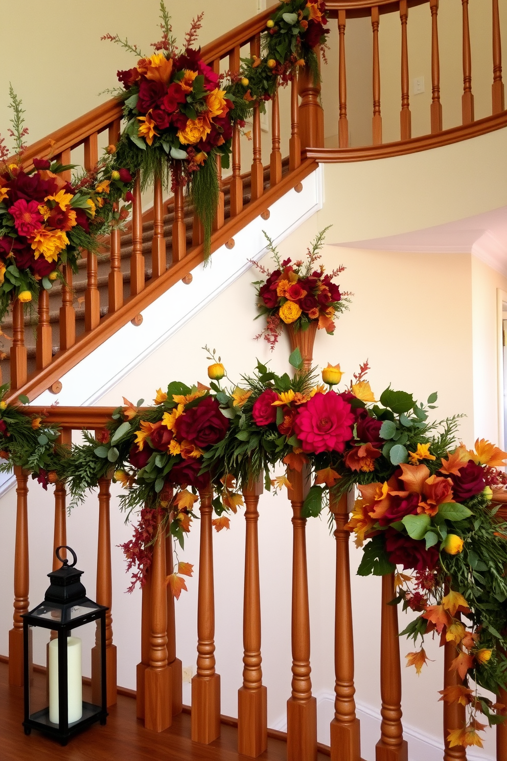 Floral arrangements in warm autumn colors adorn the staircase, creating a welcoming atmosphere for Thanksgiving. The rich reds, oranges, and yellows of the blooms complement the natural wood of the banister, while soft green foliage adds a touch of freshness. Garlands of leaves and flowers drape elegantly along the railing, enhancing the festive decor. Lanterns with flickering candles are placed at intervals, casting a warm glow that invites guests to enjoy the seasonal beauty.