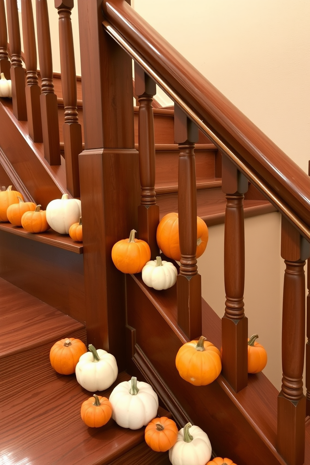 Mini pumpkins are artfully scattered across the staircase steps creating a warm and inviting atmosphere for Thanksgiving. The rich hues of the pumpkins complement the natural wood of the staircase, enhancing the seasonal charm.