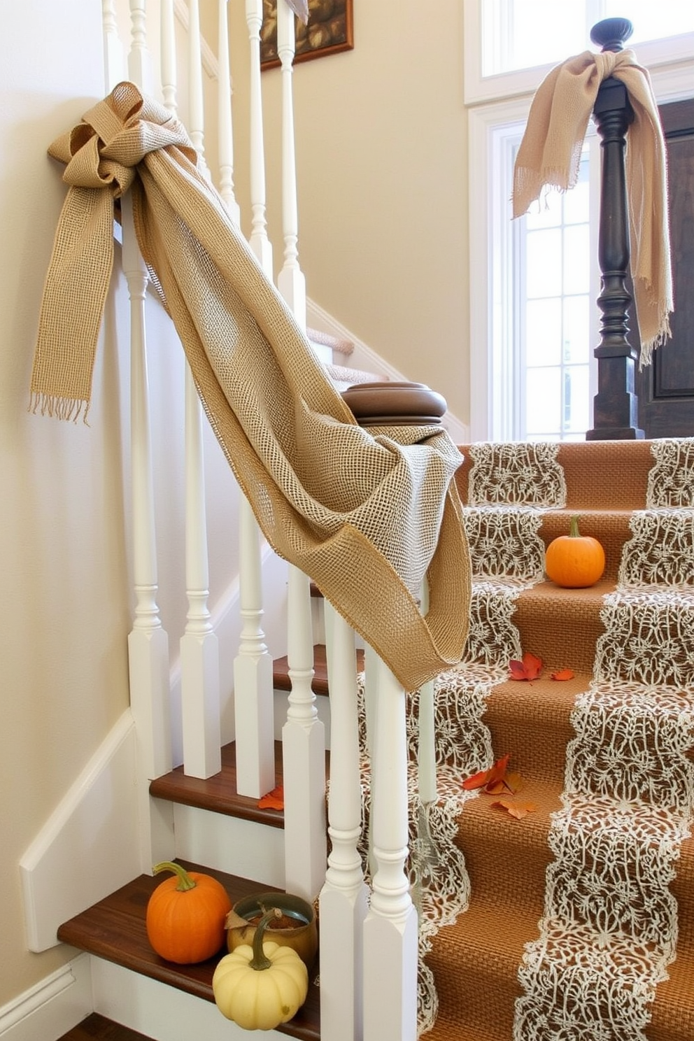 A warm and inviting staircase adorned with burlap and lace accents creates a charming rustic atmosphere for Thanksgiving. The banister is wrapped in burlap ribbon, while delicate lace overlays are draped along the steps, complemented by seasonal decorations such as small pumpkins and autumn leaves.