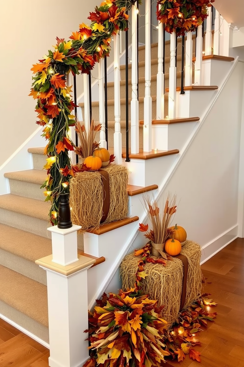 Small hay bales are placed strategically along the staircase, adding a rustic charm to the Thanksgiving decor. They are adorned with small pumpkins and autumn leaves, creating a warm and inviting atmosphere. Twinkling fairy lights are draped around the banister, illuminating the space with a soft glow. Complementing the hay bales, garlands of dried corn and colorful fall foliage cascade down the steps, enhancing the festive look.