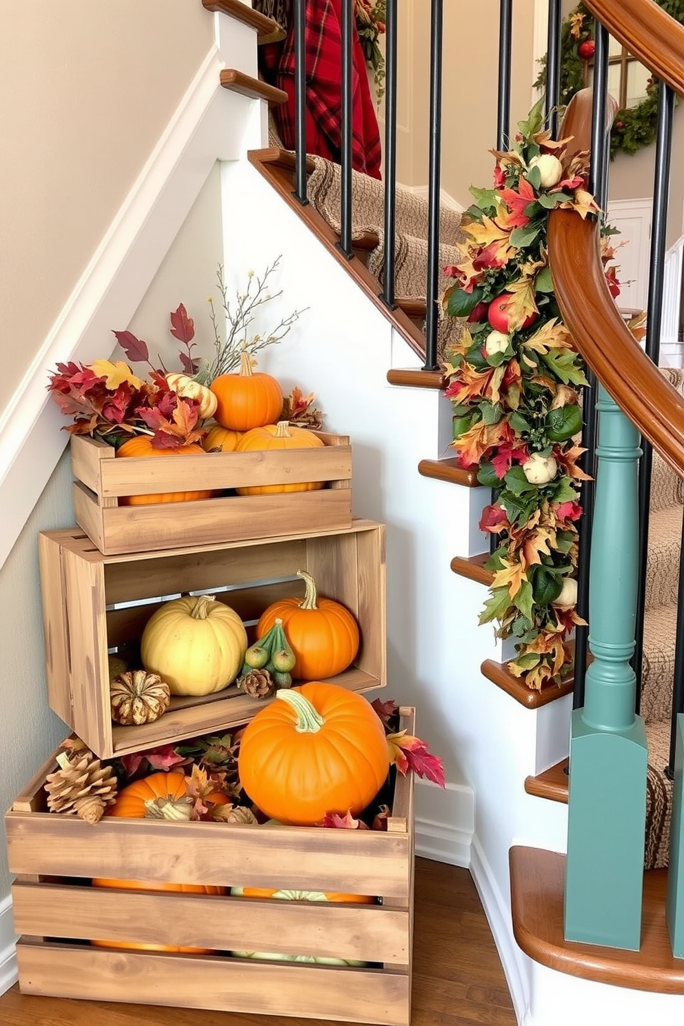 Vintage books stacked on stair treads create a charming and inviting atmosphere. The warm tones of the books complement the natural wood of the staircase, enhancing the cozy feel of the space. Thanksgiving decorations can be interspersed among the books for a festive touch. Consider adding small pumpkins and autumn leaves to celebrate the season while maintaining a sophisticated look.