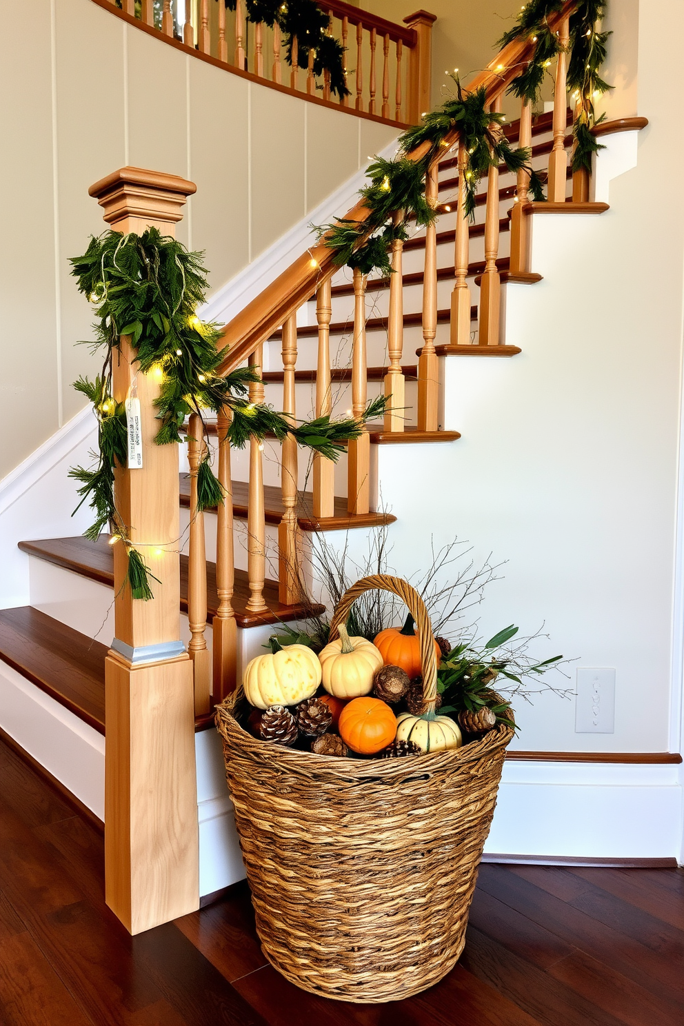 A beautiful staircase adorned for Thanksgiving features natural elements like branches and acorns. The wooden banister is elegantly draped with garlands of greenery intertwined with twinkling lights, creating a warm and inviting atmosphere. Acorns are artfully scattered along the steps, adding a rustic charm to the decor. A large, woven basket at the base of the staircase holds an assortment of seasonal gourds and pinecones, enhancing the autumnal theme.