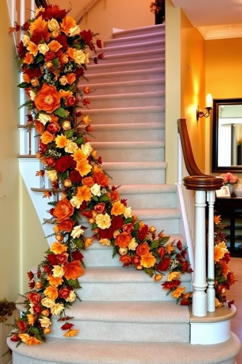 Create a warm and inviting staircase adorned with elegant silk flowers in rich autumn hues. The arrangement should cascade gracefully down the banister, complemented by soft lighting that enhances the seasonal ambiance.