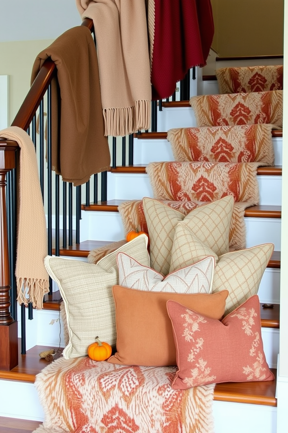 A warm and inviting staircase adorned with layered textiles creates a cozy atmosphere. Soft, textured throws in rich autumn colors drape over the banister, while a plush runner with a seasonal pattern lines the steps. Decorative pillows in various sizes and fabrics are placed on the staircase landing, inviting guests to sit and enjoy the festive decor. Natural elements like small pumpkins and pinecones are interspersed among the textiles, enhancing the Thanksgiving theme.