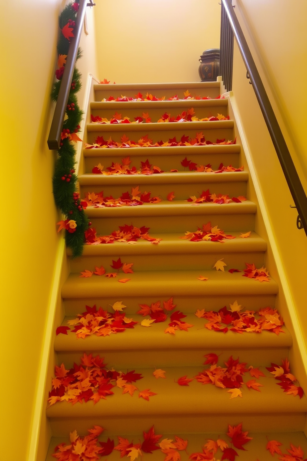 A warm and inviting staircase adorned with colorful leaves scattered across the steps. The vibrant hues of red, orange, and yellow leaves create a festive atmosphere, complemented by soft lighting that highlights the seasonal decor.