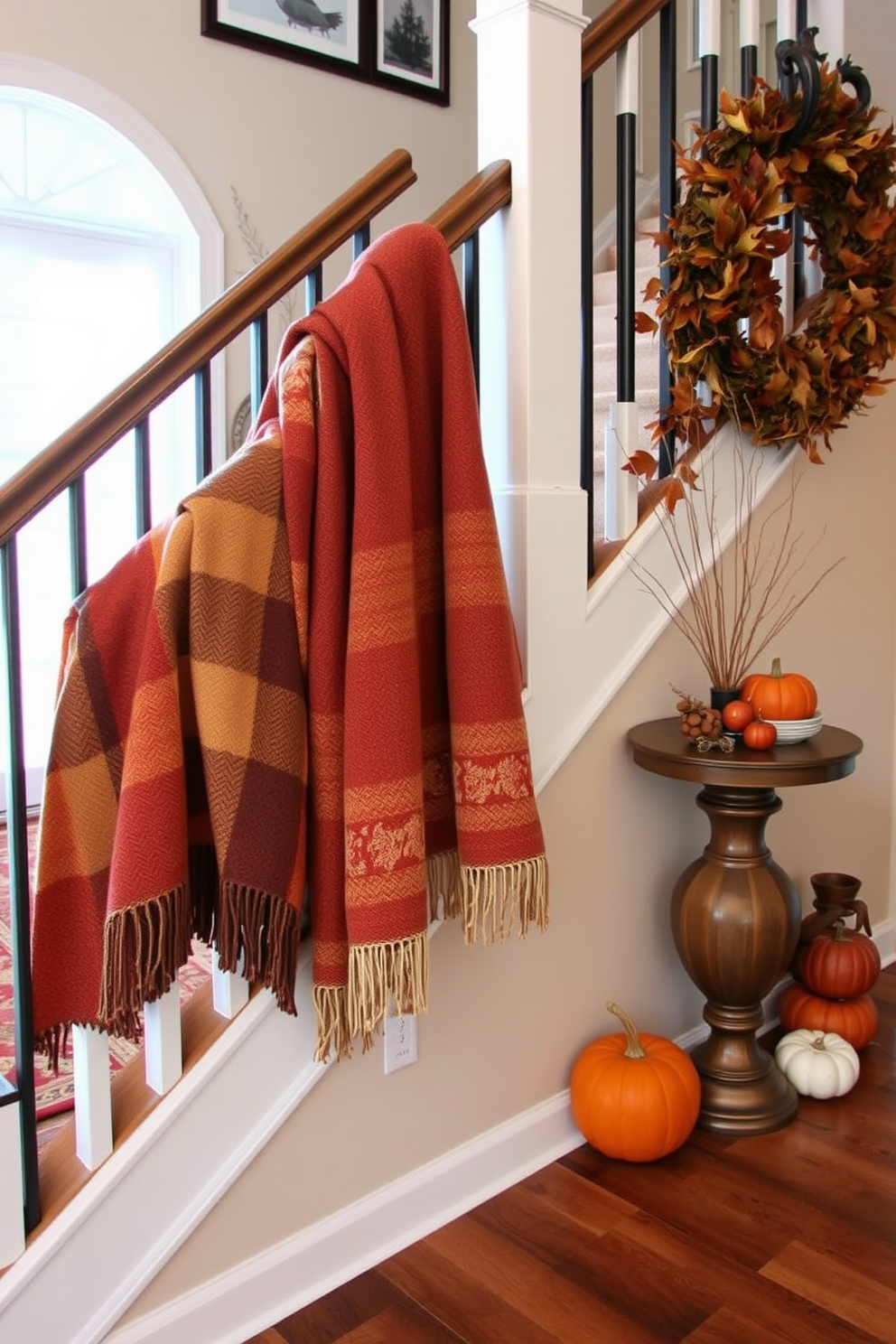 A cozy staircase adorned for Thanksgiving features seasonal throw blankets draped artistically over the banister. The warm colors of the blankets complement the autumnal decor, creating an inviting atmosphere for guests.