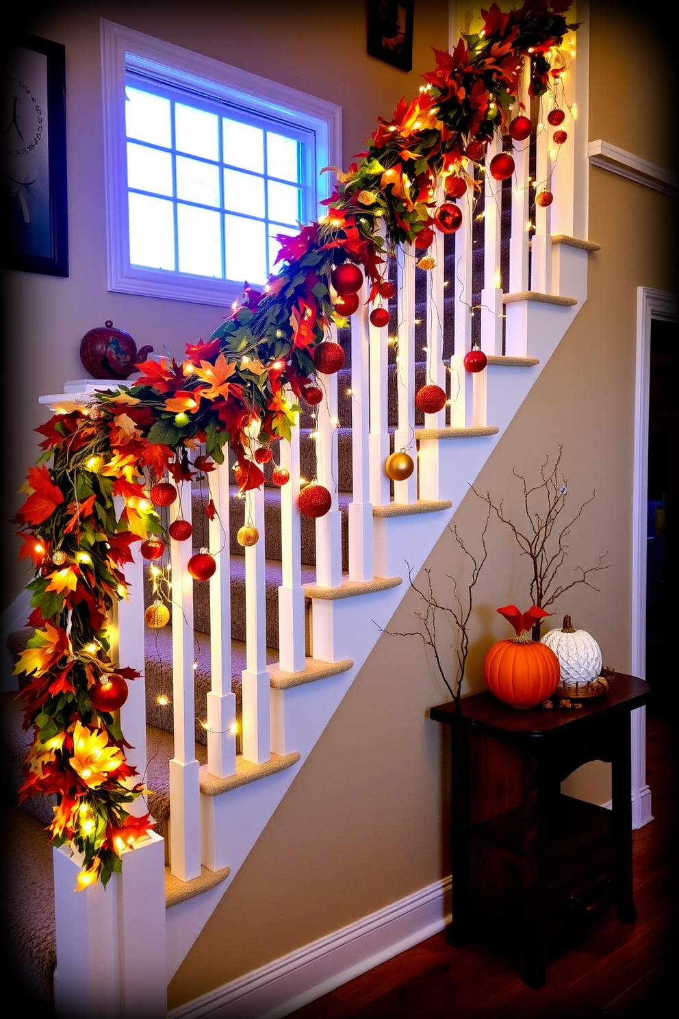 A staircase adorned with hanging ornaments creates a festive atmosphere for Thanksgiving. The railing is draped with a mix of autumn leaves and twinkling lights, adding warmth and charm to the entryway.