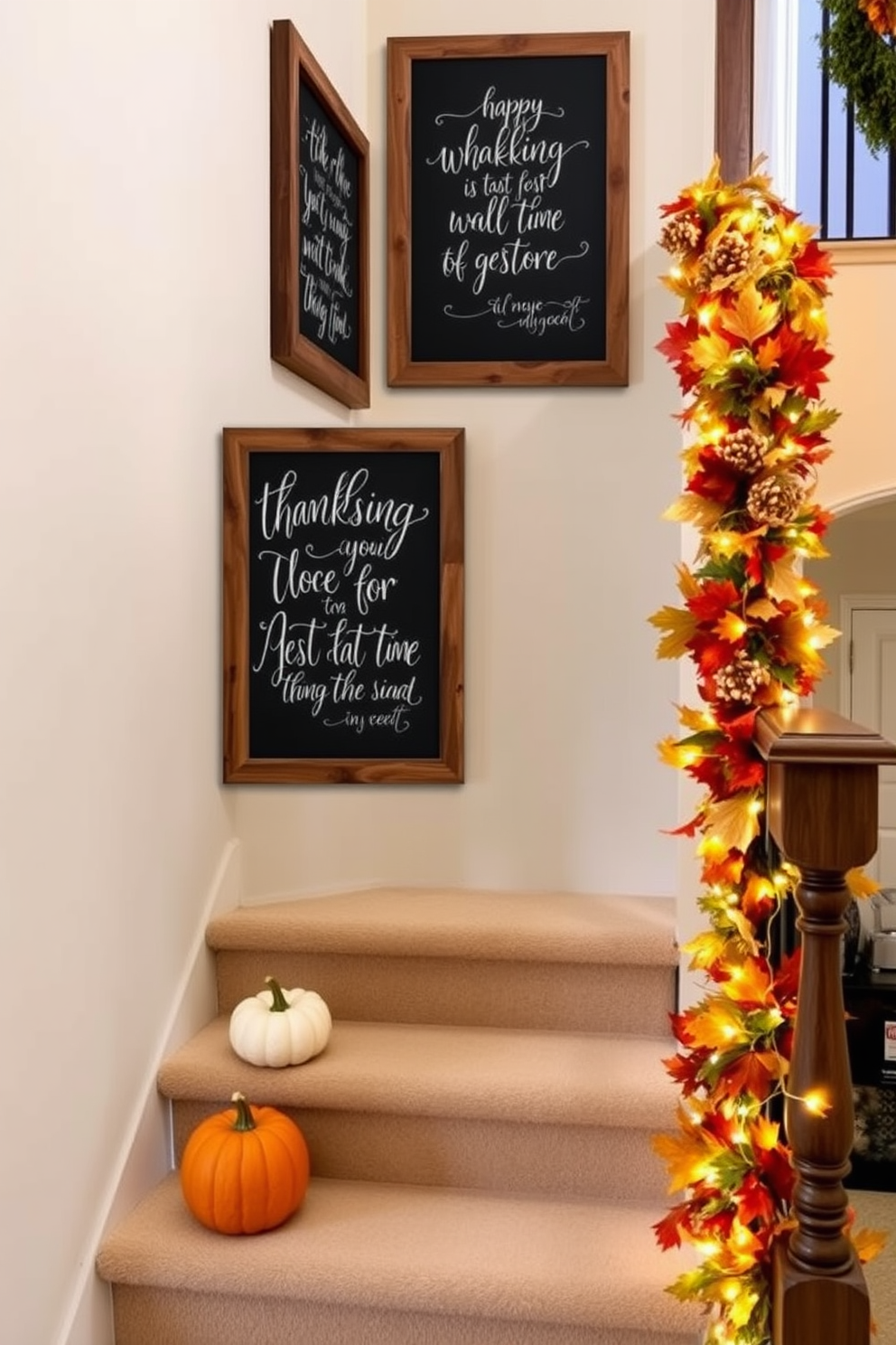 A creative photo display showcasing past Thanksgivings is arranged along a beautifully decorated staircase. The staircase is adorned with garlands of autumn leaves and twinkling fairy lights, creating a warm and inviting atmosphere. Framed photos of family gatherings are hung at varying heights on the walls, capturing cherished memories. Soft, neutral-toned cushions are placed on the staircase steps, inviting guests to sit and reminisce about the joyful occasions.