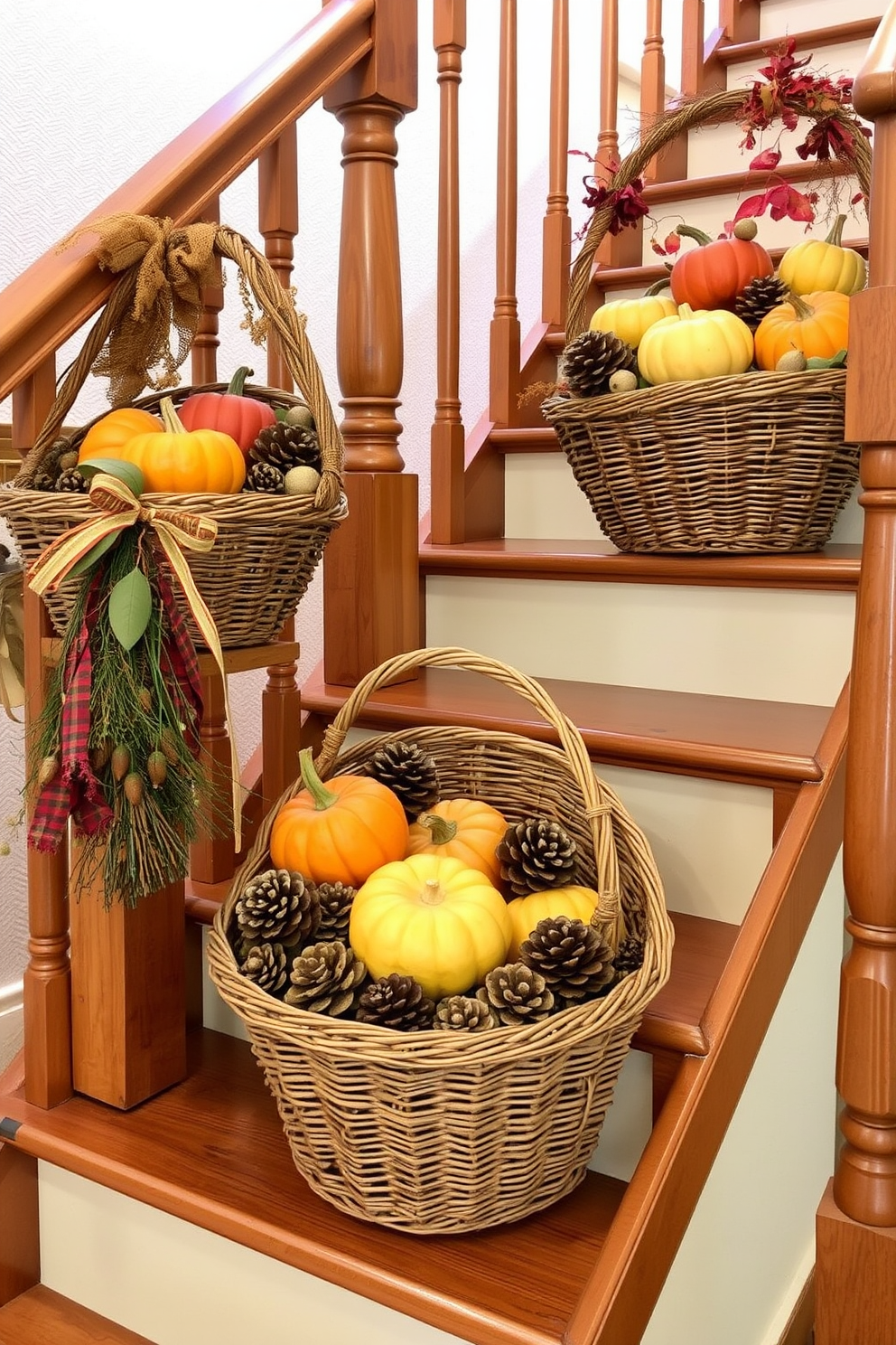 A cozy staircase adorned for Thanksgiving features woven baskets filled with colorful gourds and natural pinecones. The warm tones of the decorations complement the wooden staircase, creating an inviting atmosphere for the holiday season.