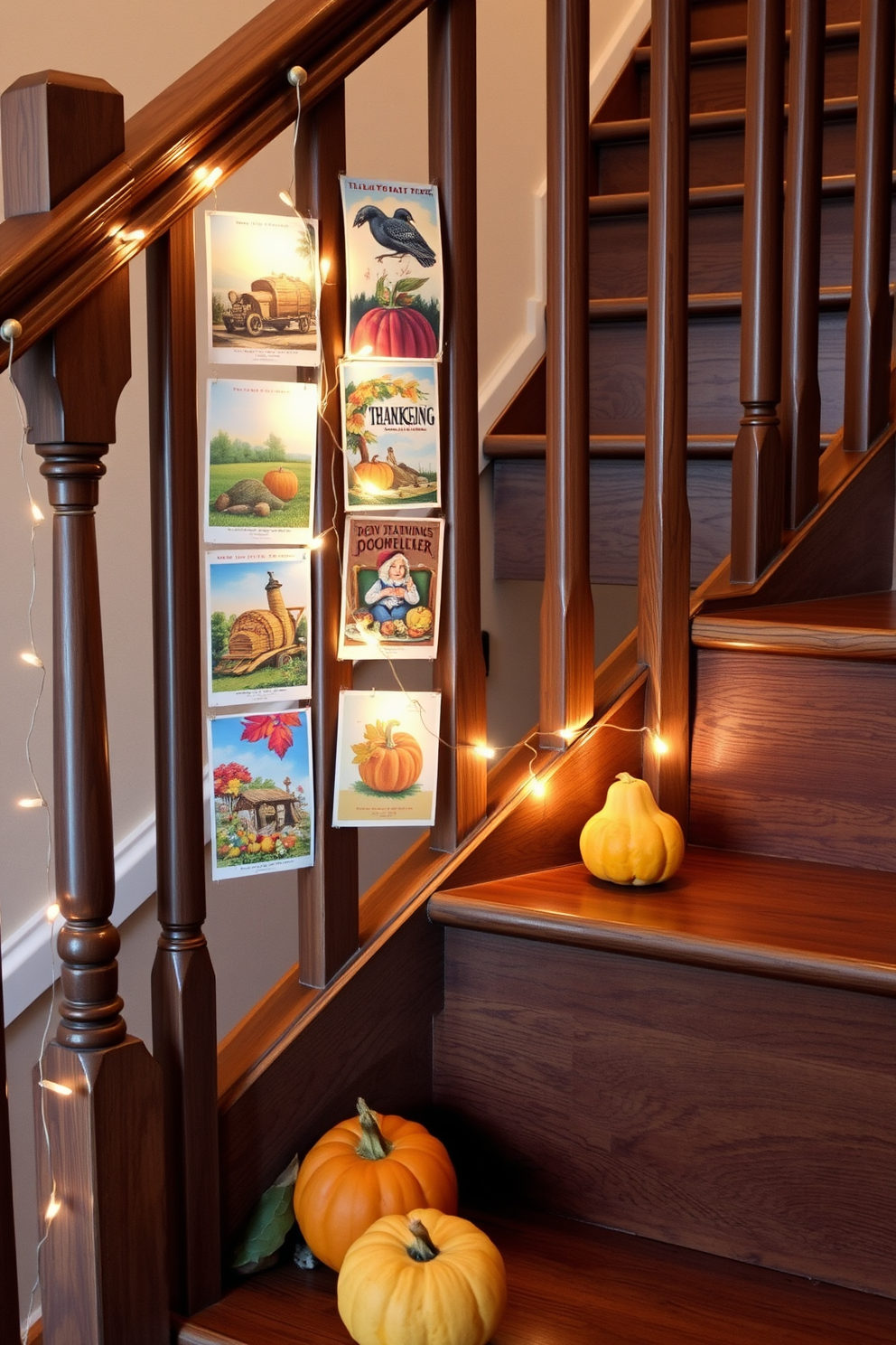 Vintage Thanksgiving postcards arranged artfully on a wooden staircase railing. The postcards feature autumnal colors and nostalgic designs that evoke the spirit of the holiday. Soft string lights are draped alongside the postcards, adding warmth and charm to the decor. A few small pumpkins and gourds are placed on the steps to enhance the festive atmosphere.