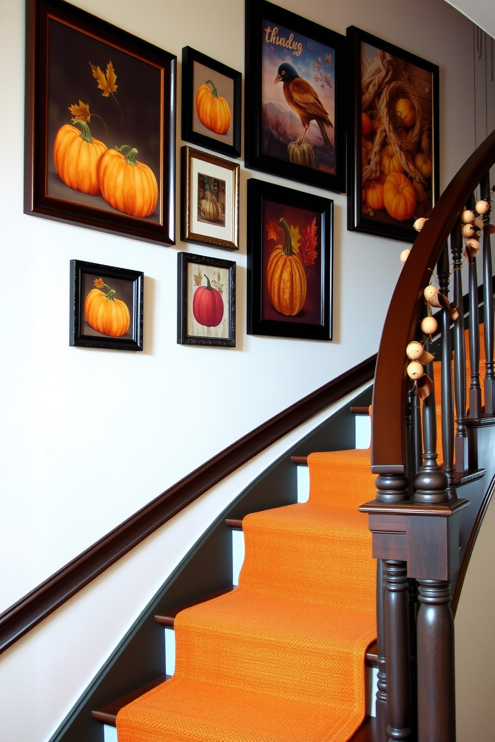 Thanksgiving themed wall art adorns the stairwell with warm autumn colors and rustic elements. Framed prints of pumpkins, fall leaves, and harvest scenes create a cozy atmosphere as they guide guests up the staircase.