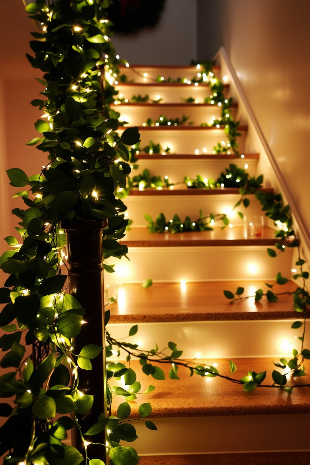 A warm and inviting staircase adorned with twinkling fairy lights intertwined with lush greenery. The lights create a soft glow that highlights the natural textures of the leaves, enhancing the festive atmosphere for Thanksgiving.