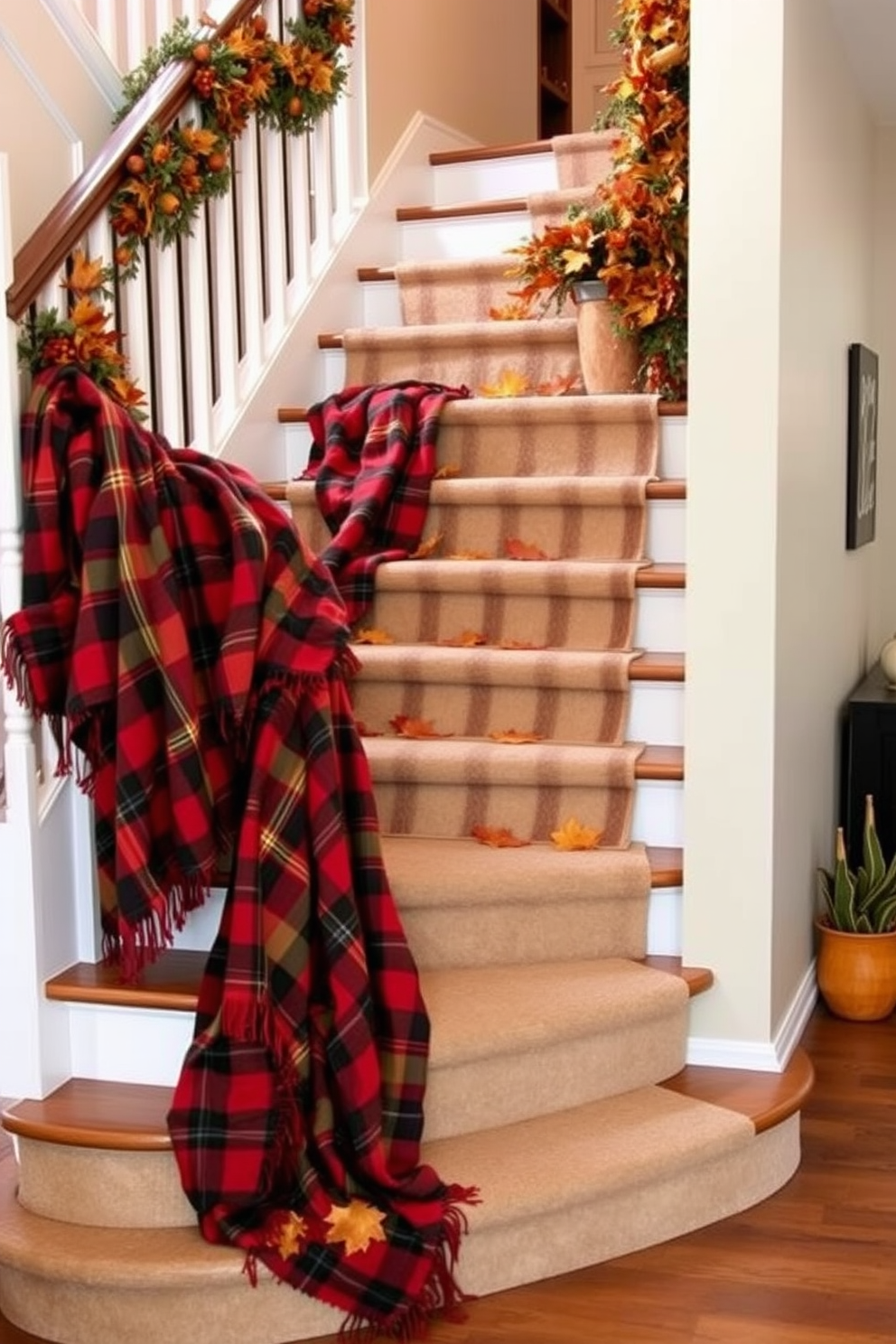 A charming staircase adorned with wooden crates filled with seasonal decor for Thanksgiving. The crates showcase an array of pumpkins, gourds, and autumn leaves, creating a warm and inviting atmosphere.