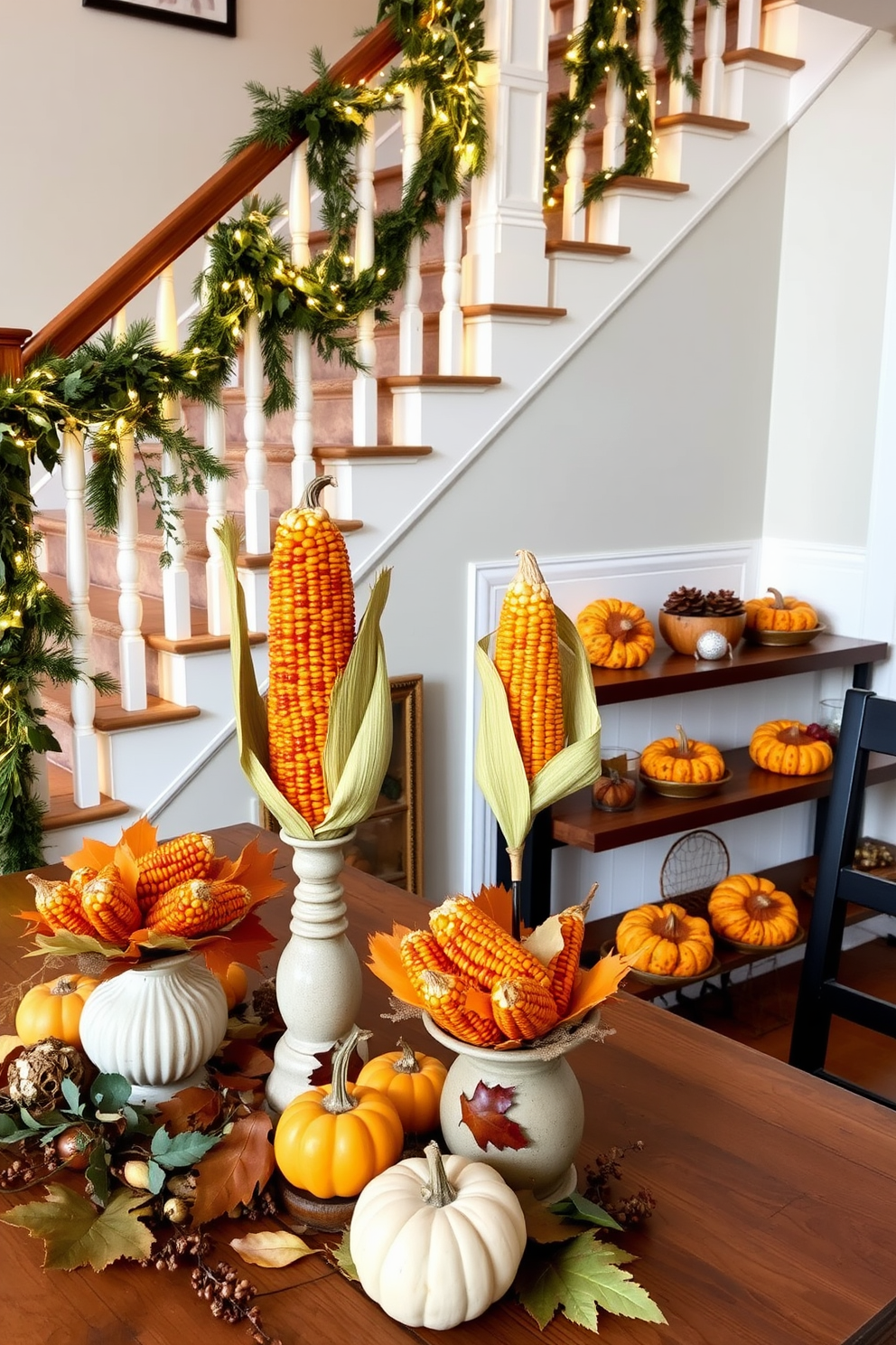 Harvest corn displayed in decorative vases creates a warm and inviting atmosphere for Thanksgiving. The vases are arranged on a rustic wooden table, surrounded by autumn leaves and small pumpkins. The staircase is adorned with garlands of greenery and twinkling fairy lights. Each step features a cluster of decorative corn and seasonal accents, enhancing the festive spirit throughout the home.