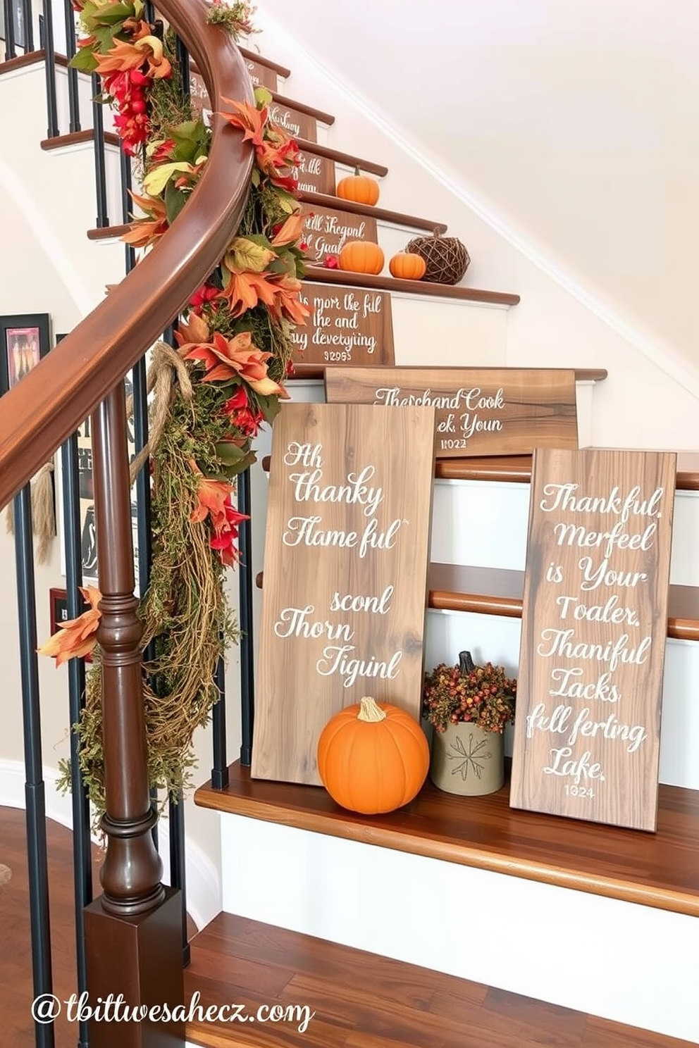 A warm and inviting staircase adorned with decorative baskets filled with vibrant harvest corn. The steps are lined with soft, textured runners in autumn hues, creating a cozy atmosphere for Thanksgiving celebrations.