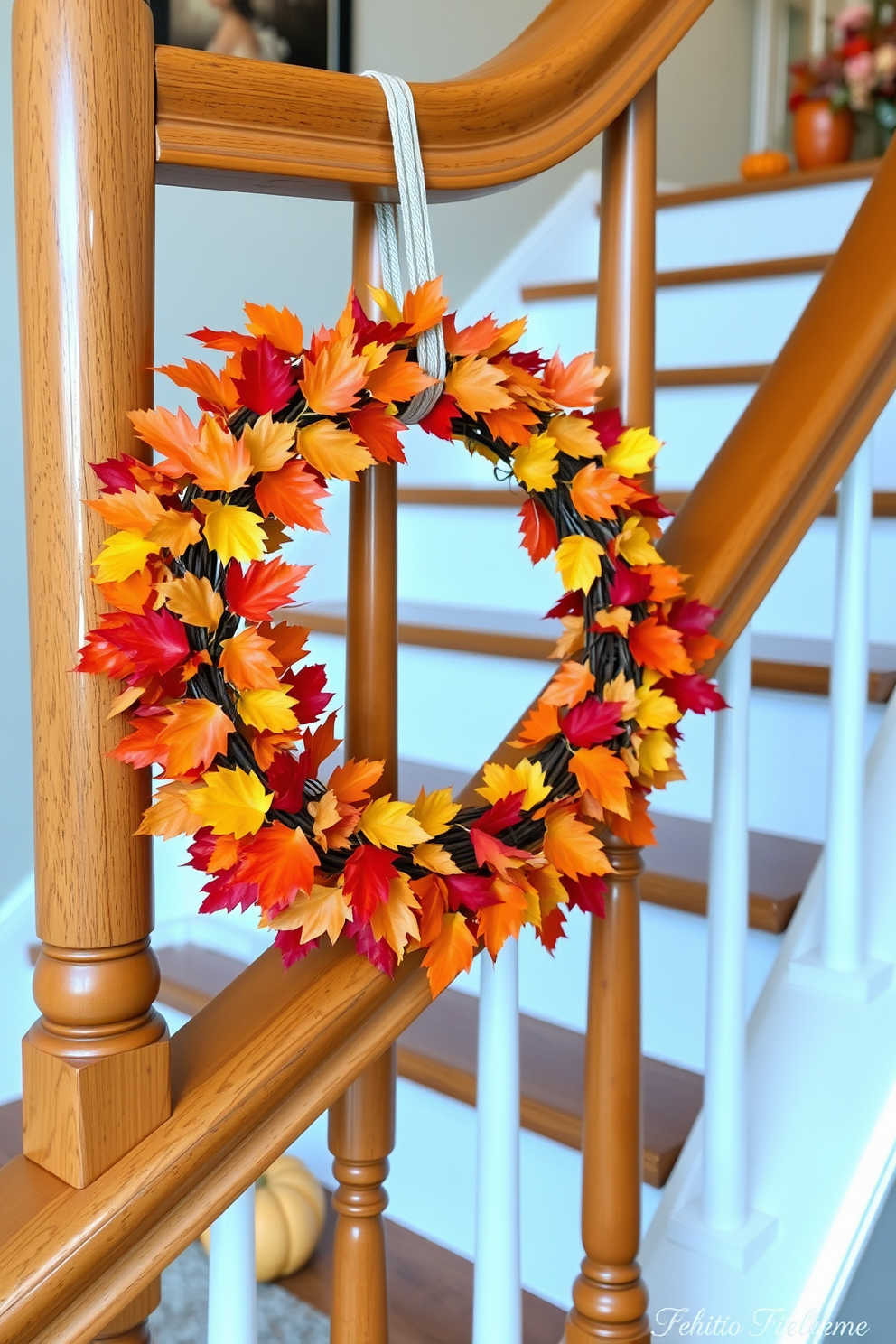 A colorful fall wreath is elegantly hung on the wooden stair rail, adorned with vibrant leaves in shades of orange, red, and yellow. The staircase is decorated with subtle accents of pumpkins and seasonal flowers, creating a warm and inviting atmosphere for Thanksgiving.