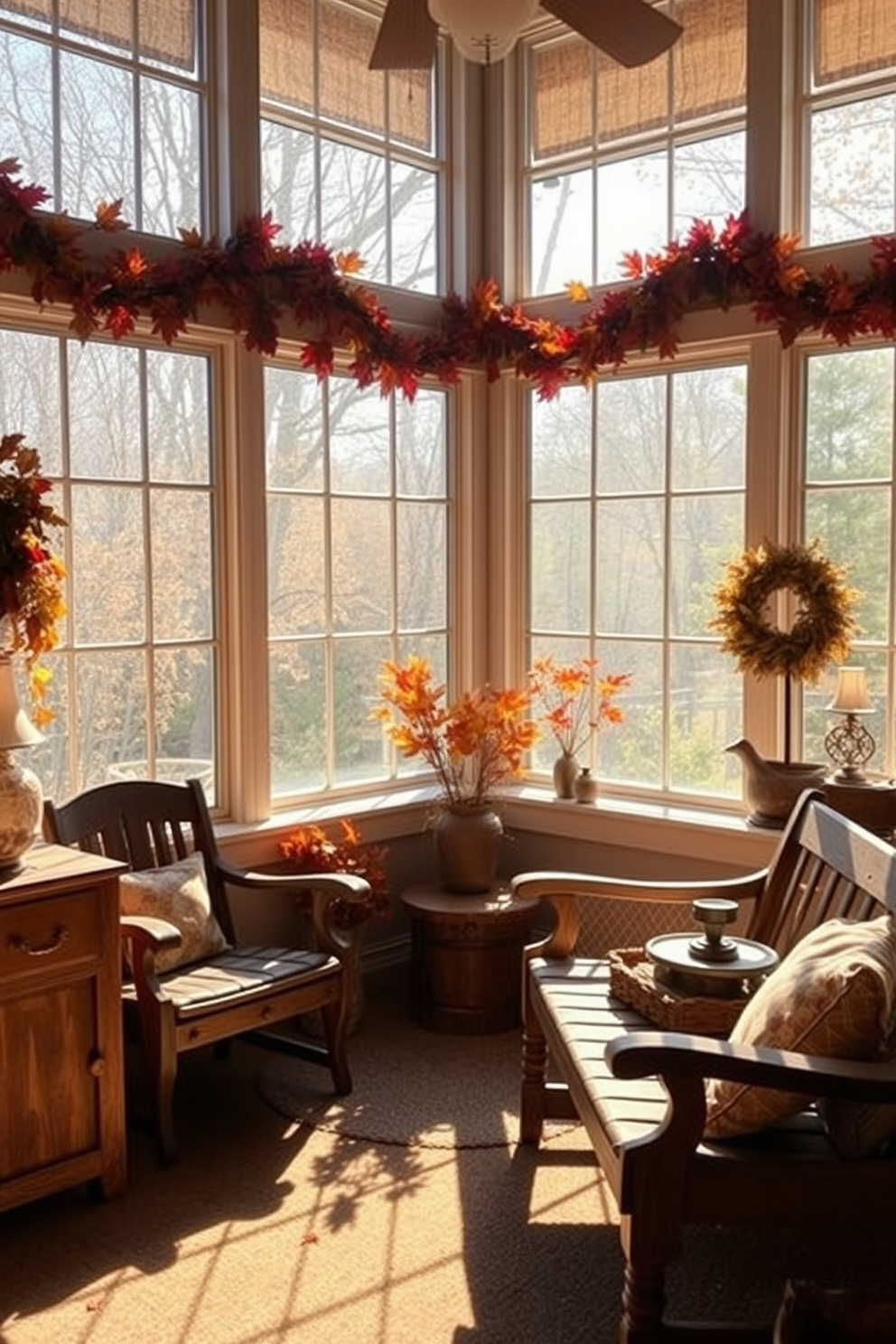 Cozy plaid throw blankets draped over comfortable chairs create a warm and inviting atmosphere in the sunroom. The space is filled with natural light, showcasing seasonal decorations like pumpkins and autumn leaves on a rustic wooden table.