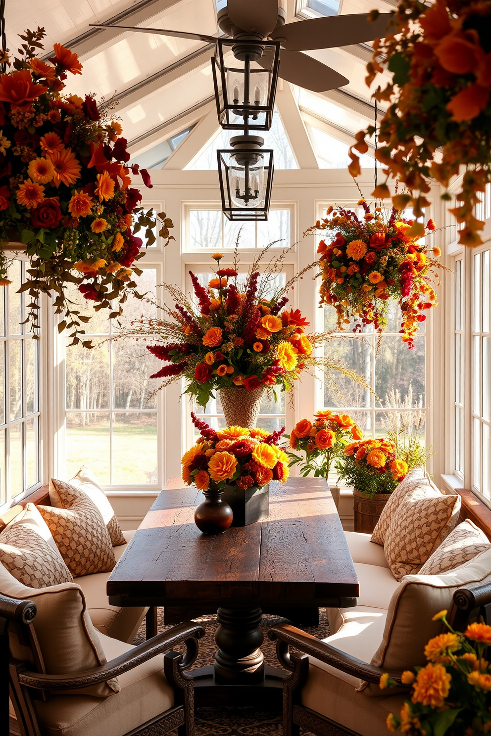 A cozy sunroom adorned with floral arrangements featuring rich fall colors such as deep oranges, burgundies, and golden yellows. The space is filled with natural light streaming through large windows, highlighting a rustic wooden table surrounded by comfortable seating.