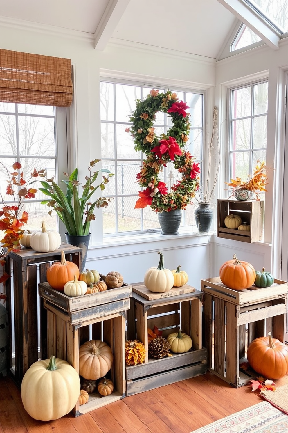 A cozy sunroom decorated for Thanksgiving features rustic wooden crates arranged as display stands. The crates are filled with seasonal decor, such as pumpkins, gourds, and autumn leaves, creating a warm and inviting atmosphere.