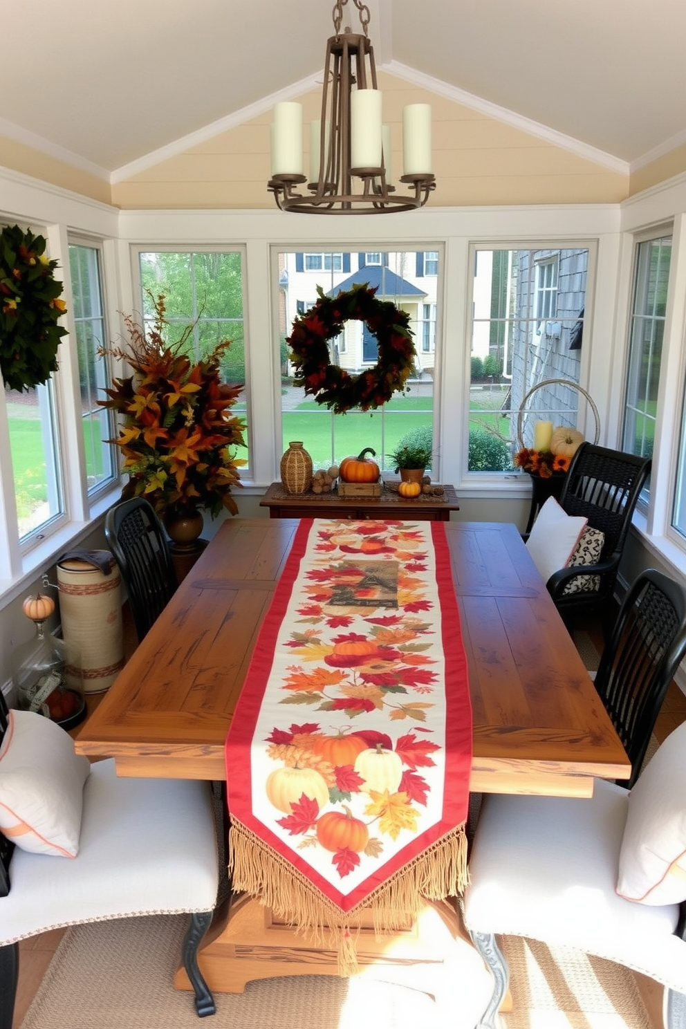 A cozy sunroom adorned with a Thanksgiving-themed table runner draped elegantly across a rustic wooden table. Surrounding the table are comfortable chairs, each with soft cushions, and the sunroom is filled with warm autumnal decor, including pumpkins and fall foliage.