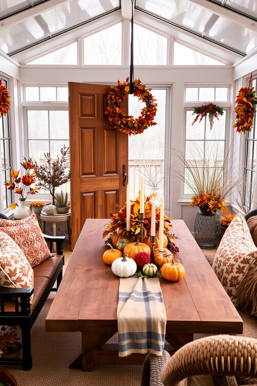 A warm and inviting sunroom decorated for Thanksgiving features a seasonal wreath made of autumn leaves and berries hanging on the door. Inside, cozy seating is arranged around a rustic wooden table adorned with a centerpiece of pumpkins and candles, creating a festive atmosphere.