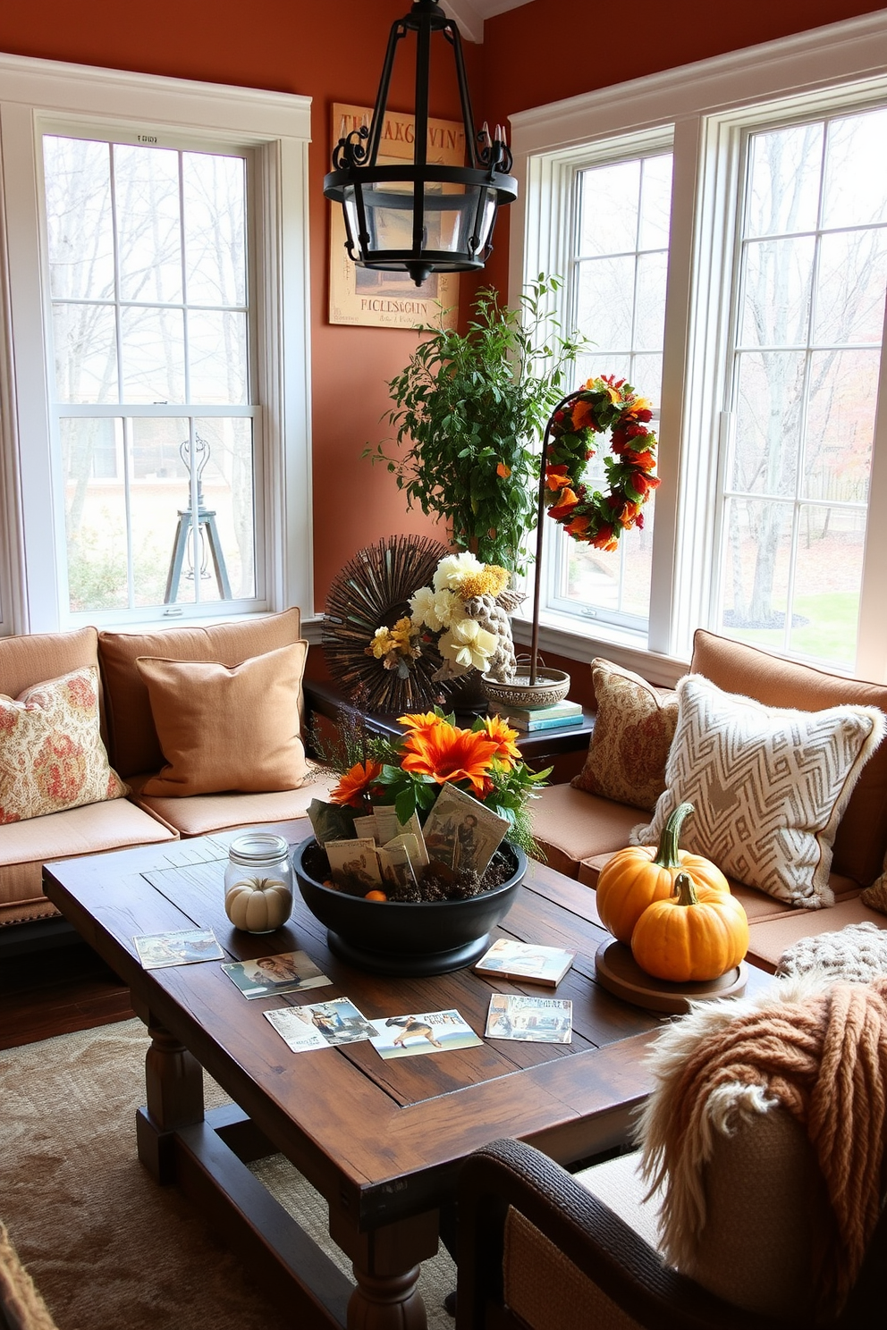 A cozy sunroom filled with soft lighting from elegant lanterns and flickering candles creates a warm and inviting atmosphere. The space is adorned with plush seating, seasonal decorations, and a rustic wooden coffee table surrounded by vibrant autumn accents.