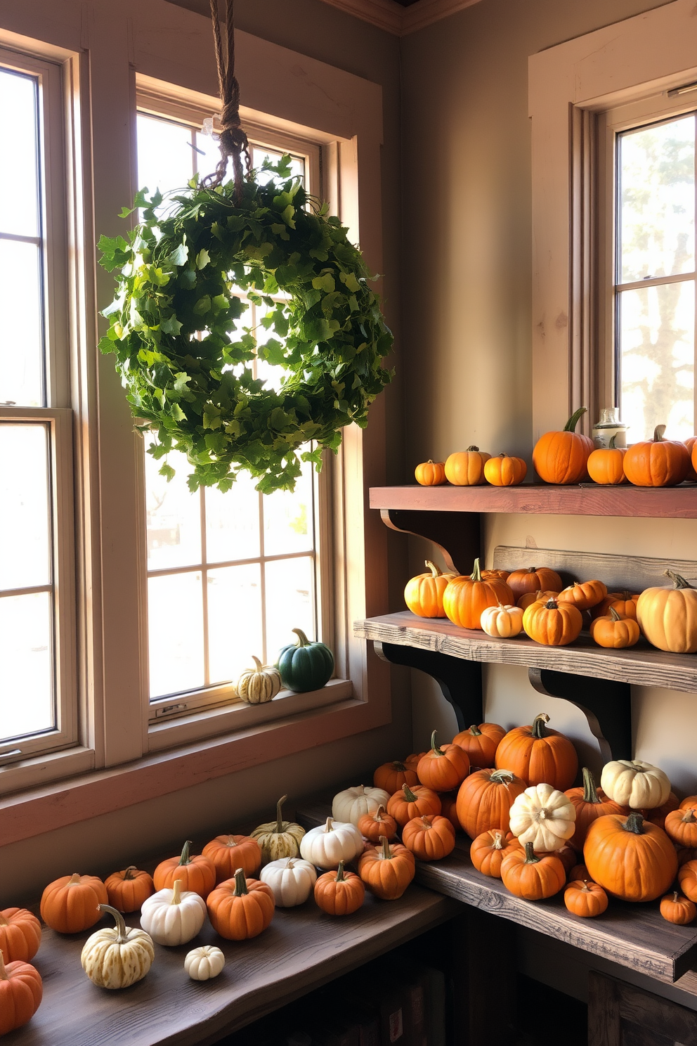 Thanksgiving-themed pillows are arranged on a cozy sofa, featuring warm colors like burnt orange, deep red, and golden yellow. The pillows display festive patterns such as pumpkins and autumn leaves, enhancing the seasonal ambiance. In the sunroom, natural light floods the space, highlighting a rustic wooden coffee table adorned with a cornucopia centerpiece. Surrounding the table, comfortable seating is complemented by soft, textured blankets in earthy tones, creating an inviting atmosphere for gatherings.