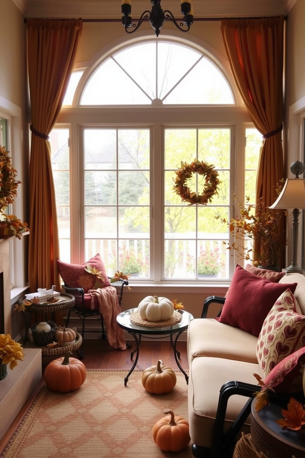 A cozy sunroom decorated for Thanksgiving features curtains and drapes in warm earthy tones like rust, olive, and mustard. The soft fabrics create an inviting atmosphere, complemented by seasonal decorations such as pumpkins and autumn leaves.