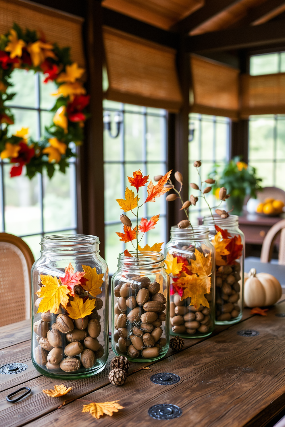 A cozy sunroom adorned for Thanksgiving features glass jars filled with acorns and colorful autumn leaves. The jars are arranged on a rustic wooden table, complemented by soft, warm lighting that enhances the inviting atmosphere.