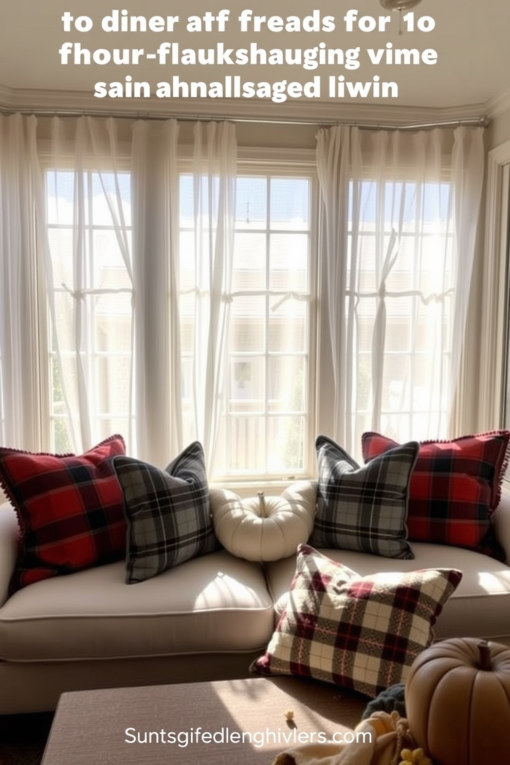 Cozy plaid throw pillows are arranged on a comfortable seating area in a sunroom filled with natural light. The room features large windows adorned with sheer white curtains, allowing a warm glow to illuminate the space and create a welcoming atmosphere for Thanksgiving gatherings.