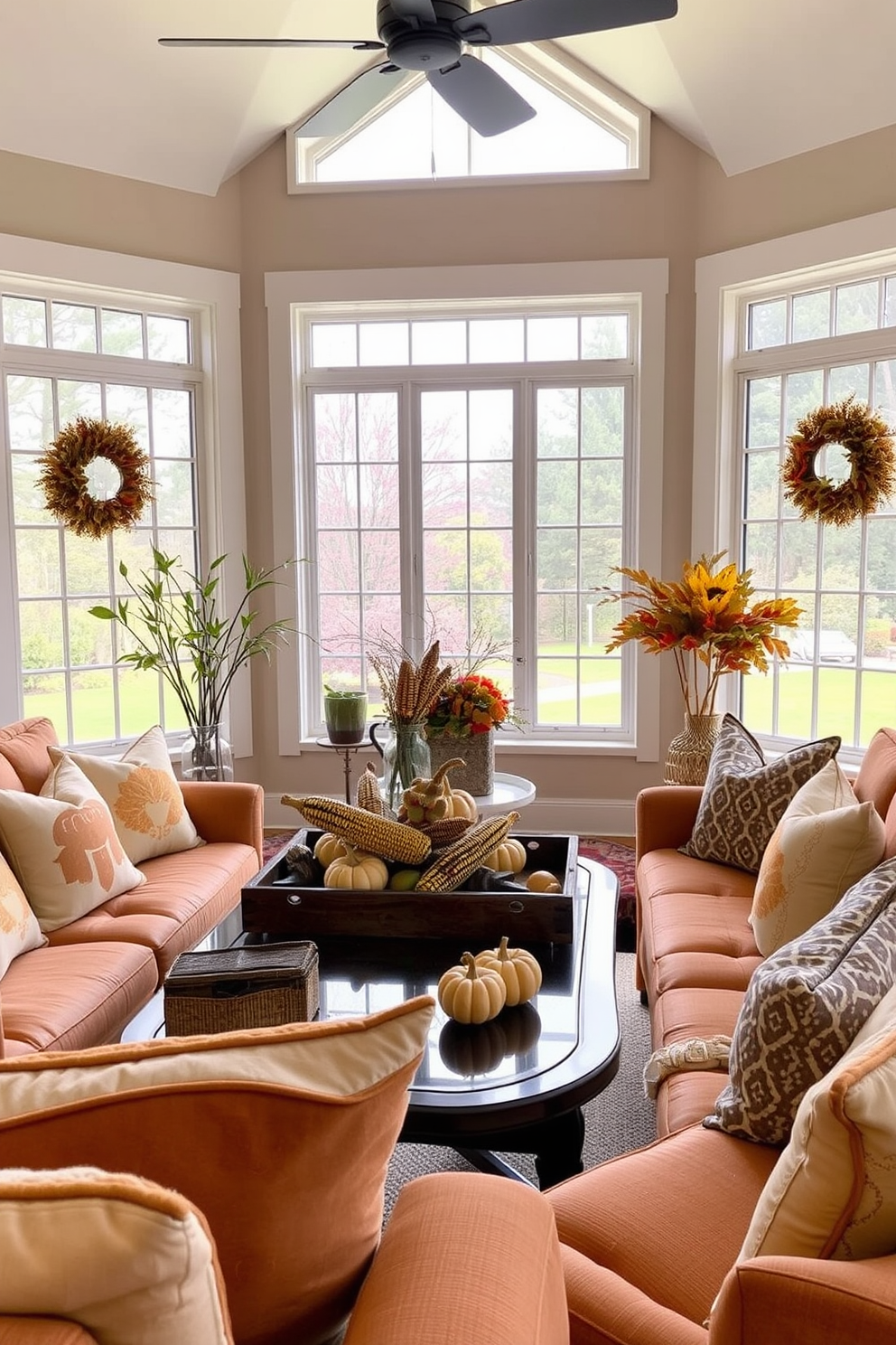 A cozy sunroom decorated for Thanksgiving features a large window allowing natural light to flood the space. On the coffee table, a rustic centerpiece showcases decorative corn and colorful gourds, adding a seasonal touch to the inviting atmosphere. Plush seating in warm autumn tones surrounds the table, creating a comfortable conversation area. Soft throw pillows with fall-inspired patterns are scattered across the chairs, enhancing the festive decor.