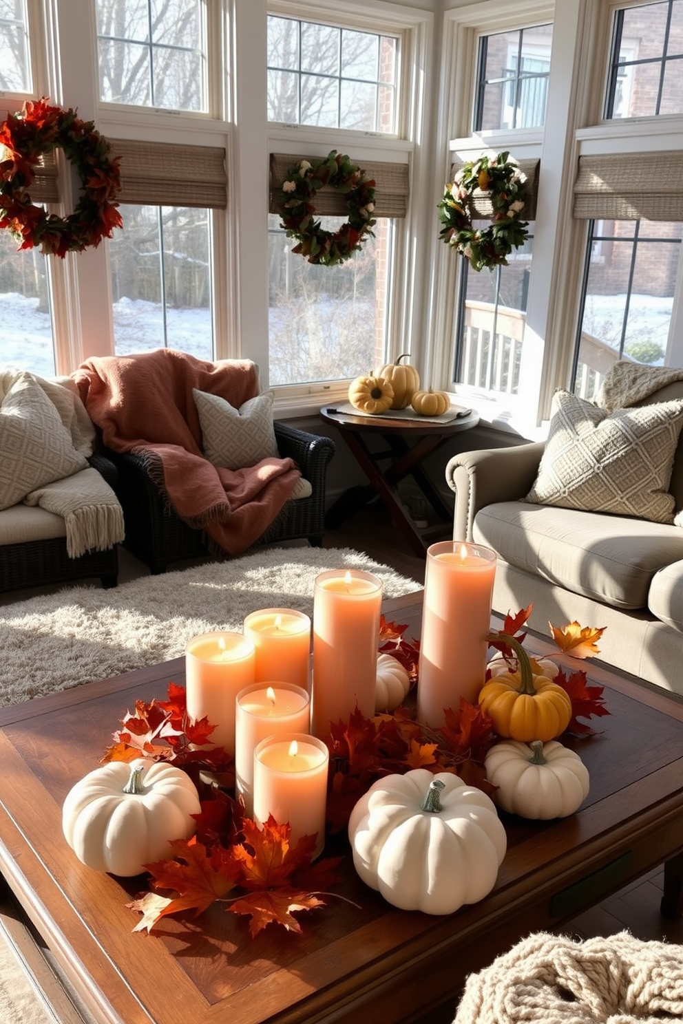 A cozy sunroom filled with natural light. On the coffee table, there are several autumn-scented candles in varying heights, casting a warm glow throughout the space. Surrounding the candles are decorative pumpkins and vibrant fall leaves. Plush seating with soft, textured throws invites relaxation and conversation in this festive setting.