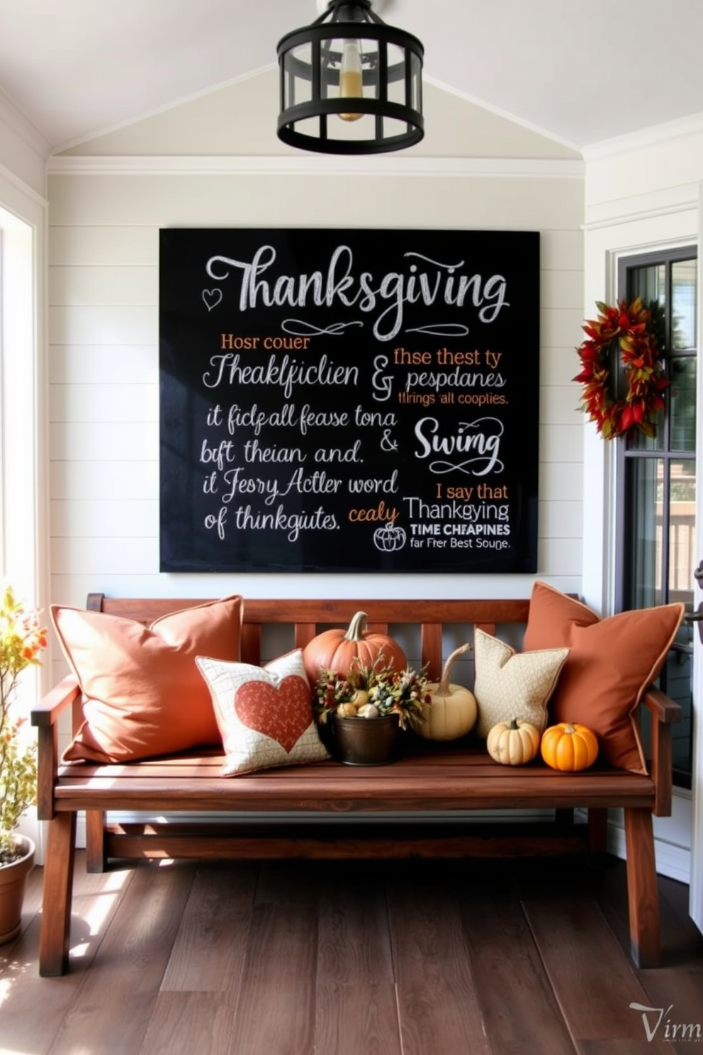 A cozy sunroom adorned with a large chalkboard featuring inspirational Thanksgiving quotes. Surrounding the chalkboard are warm-toned cushions on a rustic wooden bench, complemented by autumn-themed decor like pumpkins and gourds.