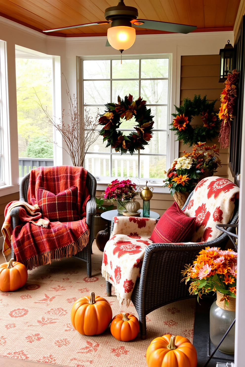 A cozy sunroom filled with natural light. Plush furniture is adorned with warm blankets in rich autumn colors, creating an inviting atmosphere for Thanksgiving gatherings.