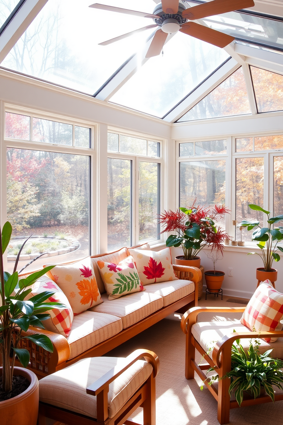 A bright and inviting sunroom filled with natural light. The space features a comfortable seating area adorned with colorful cushions showcasing vibrant leaf motifs. Large windows allow the autumn sunlight to pour in, highlighting the warm wood tones of the furniture. Potted plants are strategically placed around the room, enhancing the cozy and festive atmosphere for Thanksgiving.