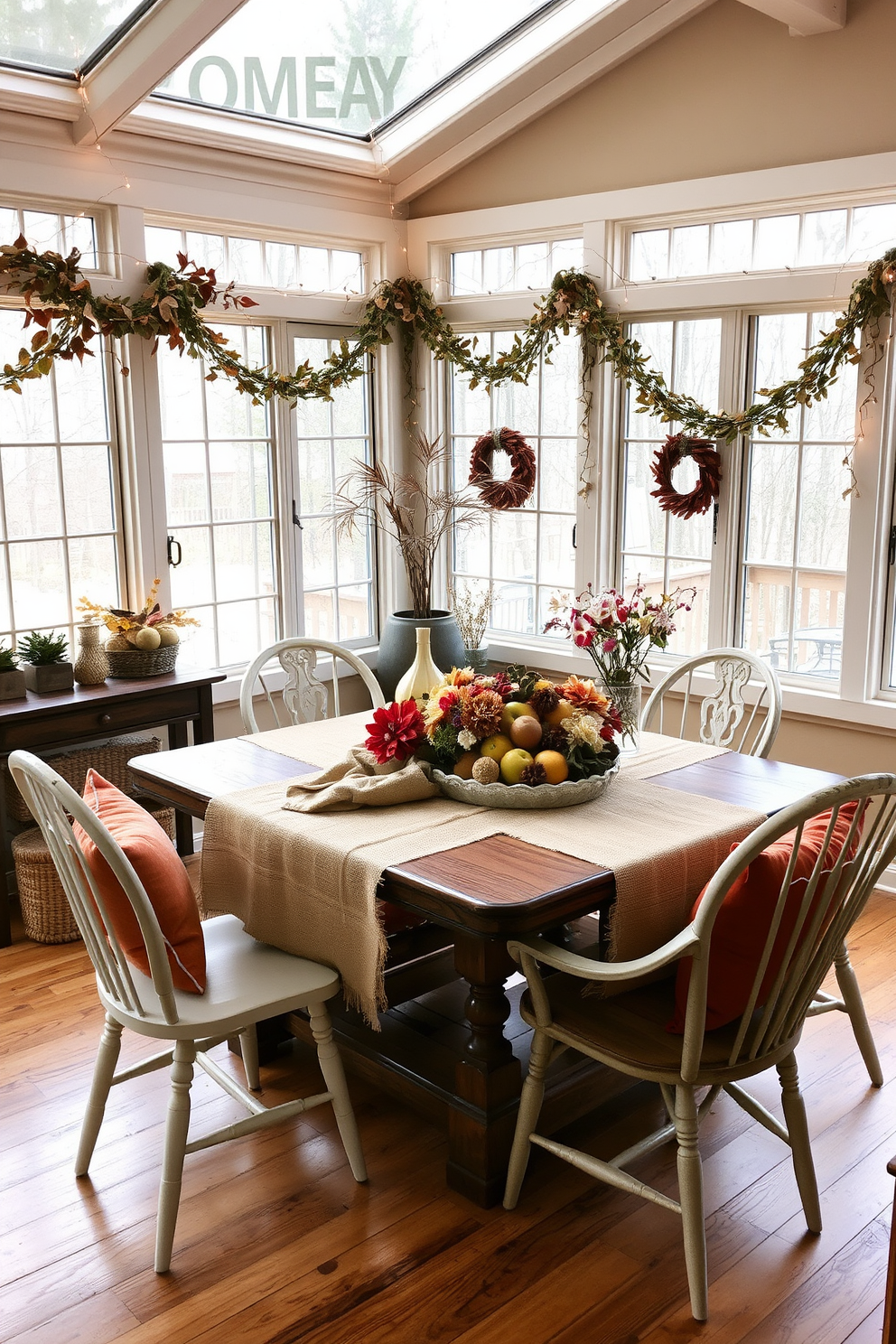 A cozy sunroom decorated for Thanksgiving features a burlap tablecloth draped over a large wooden dining table. Surrounding the table are mismatched vintage chairs, each adorned with soft cushions in warm autumn colors. Natural light filters through large windows, highlighting a centerpiece of seasonal fruits and flowers in earthy tones. The walls are adorned with rustic decorations, including garlands of dried leaves and twinkling fairy lights for a warm ambiance.