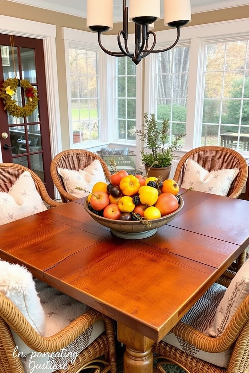 A vibrant seasonal fruit bowl sits as the centerpiece on a rustic wooden table in the sunroom. Surrounding the table are comfortable wicker chairs adorned with plush cushions, creating a cozy atmosphere perfect for Thanksgiving gatherings.