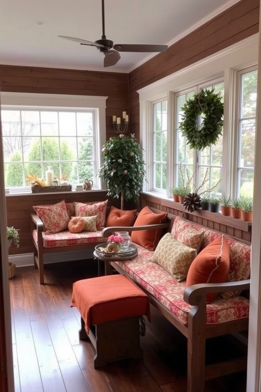 A warm and inviting sunroom decorated for Thanksgiving. The space features fall-themed coasters and placemats adorned with vibrant autumn leaves and pumpkins, creating a cozy atmosphere for gatherings. Large windows allow natural light to flood the room, highlighting the rich hues of orange, red, and gold in the decor. Plush seating is arranged around a rustic wooden table, inviting family and friends to enjoy the seasonal ambiance.