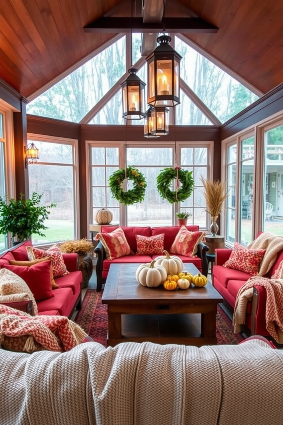 Hanging lanterns are suspended from the ceiling, casting a warm glow throughout the sunroom. The space is filled with rich autumn colors, featuring plush seating arranged around a rustic wooden coffee table. Decorative pumpkins and gourds are artfully placed on the table, enhancing the seasonal theme. Soft, textured throw blankets are draped over the chairs, inviting relaxation and comfort.