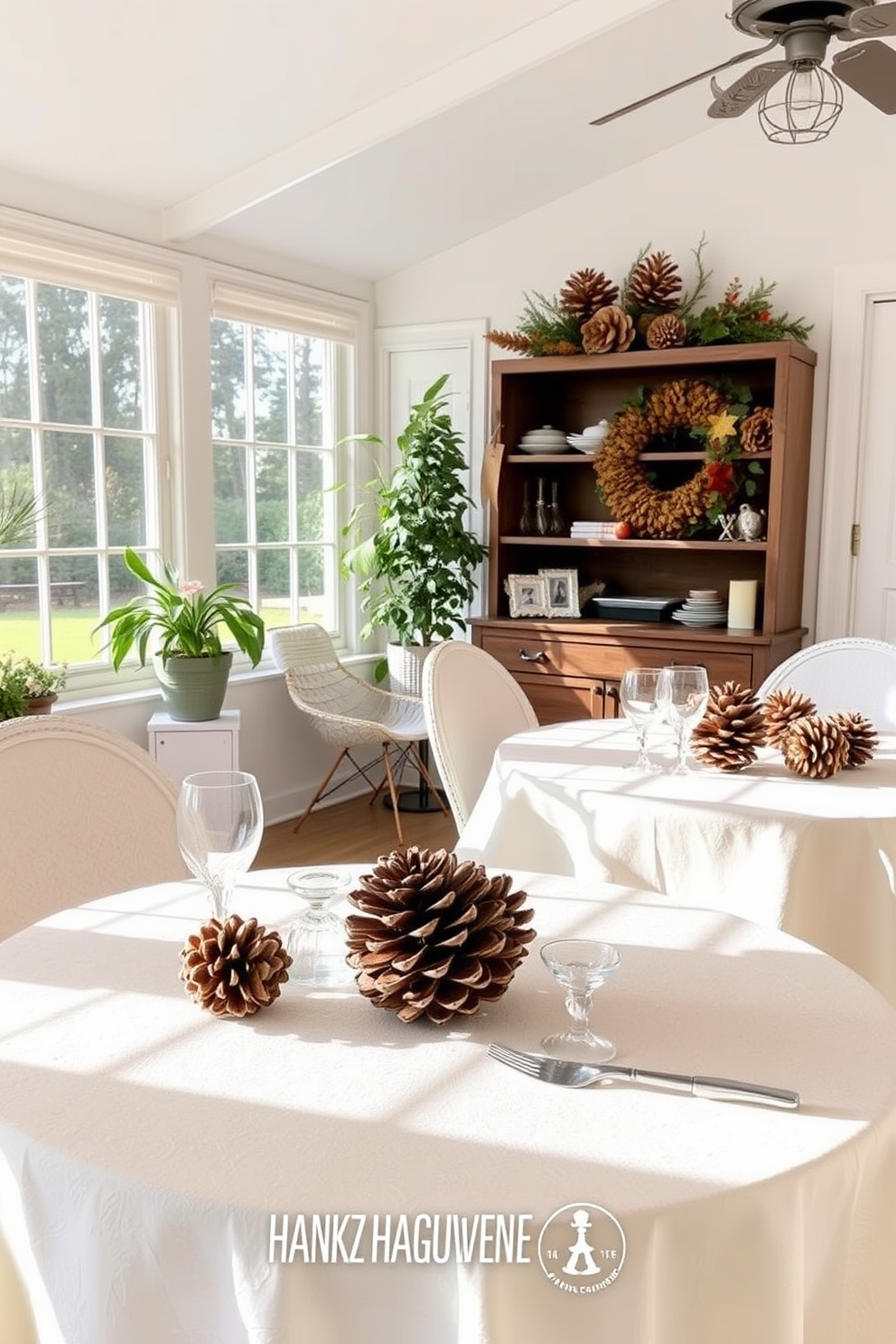 A cozy sunroom filled with natural light. The tables are adorned with beautifully crafted pinecone decorations, adding a rustic touch to the Thanksgiving theme.