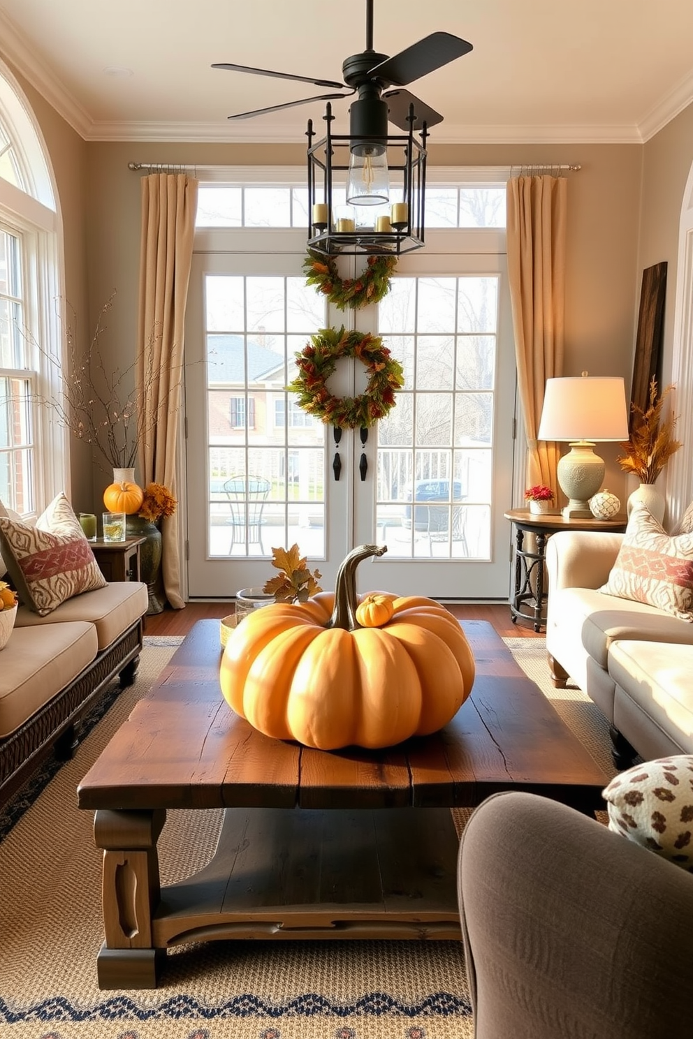 A warm and inviting sunroom adorned for Thanksgiving. A large pumpkin centerpiece sits on a rustic wooden coffee table surrounded by comfortable seating and autumn-themed decor.